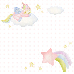 Watercolor illustration of a unicorn, clouds, rainbow with a star on a white background in a pink circle.