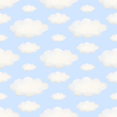 Watercolor seamless pattern of clouds on a light blue background.