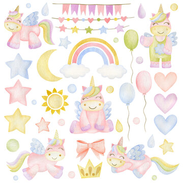 Watercolor set of stars, rainbow, unicorn, raindrop, cloud, sun, moon, crown, flags for the holiday isolated on white background. © KiraKonoshenko