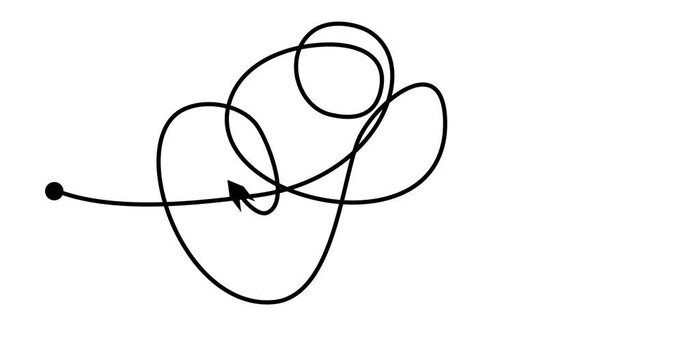 Movement of arrow along trajectory of lines of tangle with scrawl, scribble, circles. Self drawing animation of line chaotic abstract background. Alpha channel. Video 4k for dynamic web design