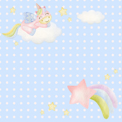 Watercolor illustrations of unicorn, clouds, rainbow with a star on a blue background in a pink circle.