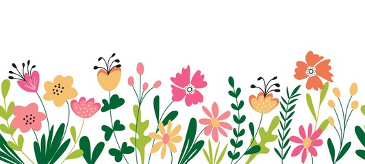 Horizontal seamless floral border on a white background. Banner or background with colorful blooming flowers and leaves. Spring and summer botanical border, flat vector illustration.