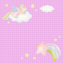 Watercolor illustrations of unicorn, clouds, rainbow with a star on a purple background in a pink circle.
