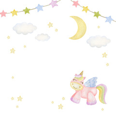 Watercolor illustrations of unicorn, clouds, moon, stars, flags on a white background.