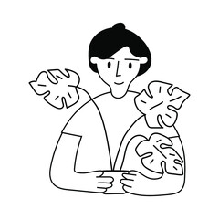 Young girl with her houseplant. Vector outline illustration on white background.