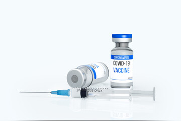 A bottle of coronavirus vaccine. Two ampoules and a syringe filled with medicine. Injection against the COVID-19 virus. Copy space. 3D rendering