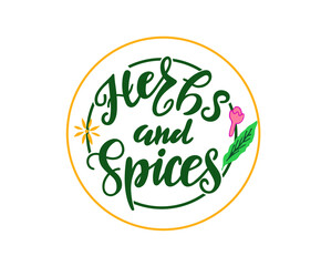 Herbs and spices handwritten text.  Design for poster, logo, print. Spice shop, store, market concept. Vector colorful illustration
