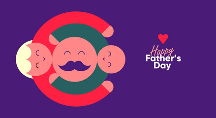 Father's Day is a day of honouring fatherhood and paternal bonds. Children hug dad. Flat vector illustration. Minimalistic background for poster, postcard, banner.