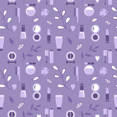 Seamless texture from cosmetics icons and floral elements, pattern, abstract background, wallpaper