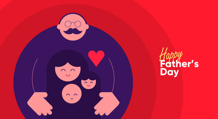 Father's Day is a day of honouring fatherhood and paternal bonds. Children hug dad. Flat vector illustration. Minimalistic background for poster, postcard, banner.