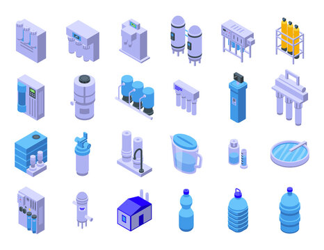 Equipment for water purification icons set. Isometric set of equipment for water purification vector icons for web design isolated on white background