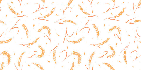 Seamless pattern with whole grain seeds organic, natural ears isolated on white background flat style design vector illustration. Wheat, barley or rye ears with straw chaotic version.