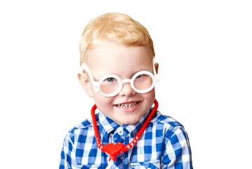 Portrait of a funny three year old boy wearing toy glasses with a stethoscope.