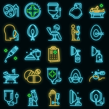 Anesthesia icons set. Outline set of anesthesia vector icons neon color on black