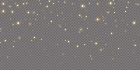 Christmas gold confetti stars are falling, Shining stars fly across the night sky amidst the reflection of the light points of space. holidays vector background. magic shine.