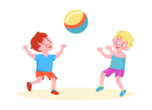 Happy children play ball. Vector illustration in cartoon style. Isolated on a white background.