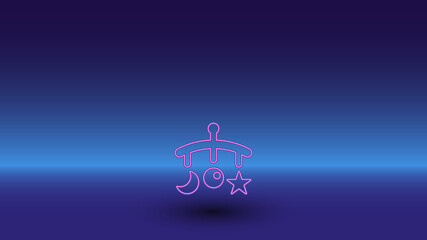 Neon baby mobile symbol on a gradient blue background. The isolated symbol is located in the bottom center. Gradient blue with light blue skyline
