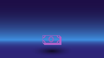 Neon money bundle symbol on a gradient blue background. The isolated symbol is located in the bottom center. Gradient blue with light blue skyline