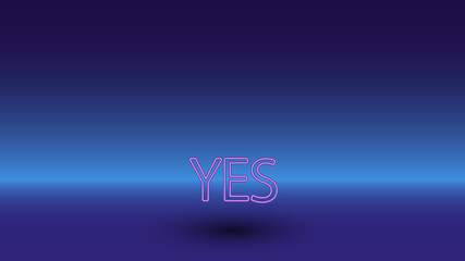 Neon yes symbol on a gradient blue background. The isolated symbol is located in the bottom center. Gradient blue with light blue skyline