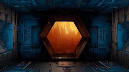 Science fiction scenery. Futuristic City Landscape in sunset colors. Spaceship interior design. View from the window of a mega building. 3D rendering © CROCOTHERY