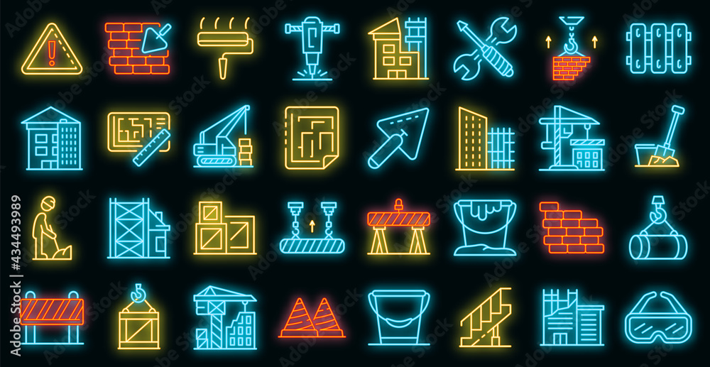Poster building reconstruction icons set. outline set of building reconstruction vector icons neon color on