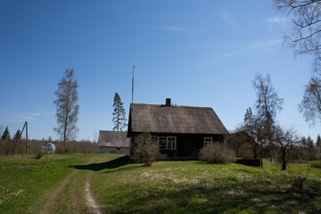 Fototapeta na wymiar farmstead with large extensive lawns and apples in early spring