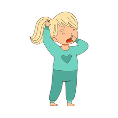 Sleepy Little Girl Wearing Pajamas Stretching and Yawning Vector Illustration