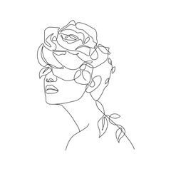 Woman Face with Flowers One Line Drawing. Continuous Line Woman and Flowers. Abstract Contemporary Design Template for Covers, t-Shirt Print, Postcard, Banner etc. Vector EPS 10.