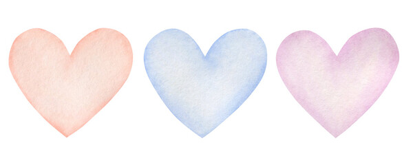 Watercolor hearts isolated on white background.