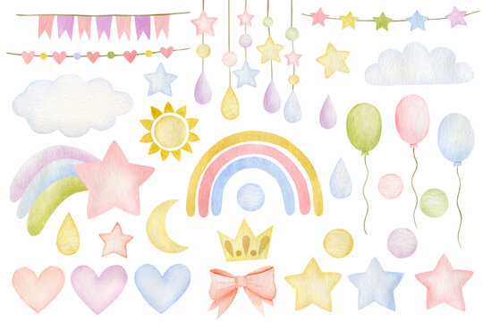 Watercolor set of star, rainbow, raindrop, cloud, sun, moon, crown, flags for the holiday isolated on white background.