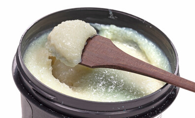 Special bath salt with wooden spoon, isolated
