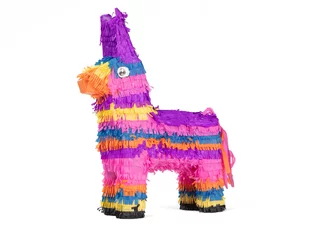 Poster Bright colorful donkey pinata isolated on white © michaklootwijk