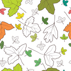 Naklejka na ściany i meble Leaves colorful line art vector seamless pattern background. Great for fabric, textile print, packaging or giftwrap, wallpaper. Surface pattern design.