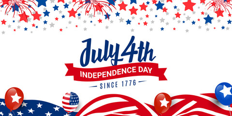 Obraz premium Happy 4th of July, independence day since 1776 design with ribbon on usa blue, red, white starburst; firework, waving USA flag, balloons background. 