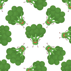 Bright broccoli cartoon characters on background. Vector kawaii vegetables illustration in cute cartoon style designed in seamless pattern. Adorable kids menu decoration, fabric print.