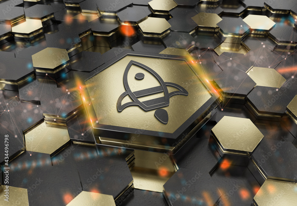 Poster Spaceship icon innovation concept engraved on gold metal hexagonal pedestral background. Rocket startup logo glowing on abstract digital surface. 3d rendering