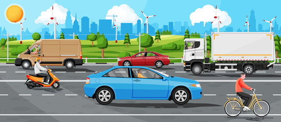 Suburb Road With Cargo Truck Trailer, Cars, Van And Motorbike. Road Over Hills And Forest Landscape. Cityscape skyline panorama. Suburban Transportation And Cargo. Flat Vector Illustration