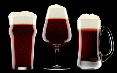Set of fresh beer in different mugs with bubble froth isolated on black.