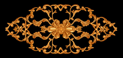 Golden openwork relief, stucco molding, curls, decorative ornament, arabesque element, classic architectural detail, 3D rendering, isolated