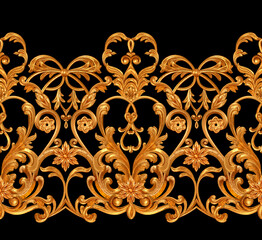 Golden openwork relief, stucco molding, curls, decorative ornament, arabesque element, classic architectural detail, 3D rendering, seamless pattern, isolated