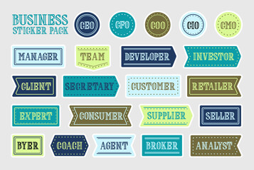 Set of multicolor vector business stickers with white frames for web and graphic design made of labels with business words composed with hand drawn letters