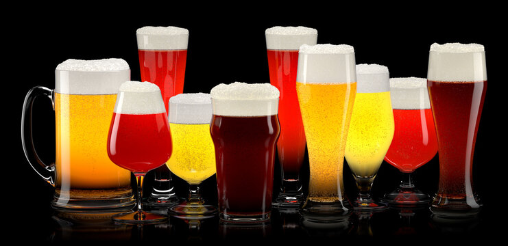 Set of fresh different beer glasses with bubble froth on black background.