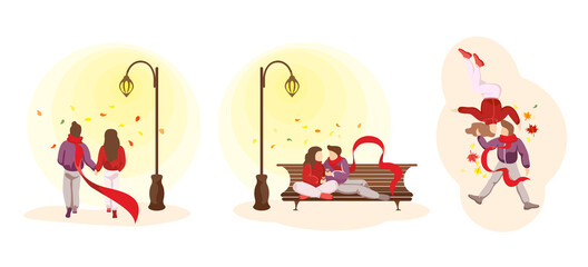 Young happy couple in love spend autumn fall time together in various relationship scenes. Man and woman during romantic date. Beloved male and female walking, hugging and kissing in park