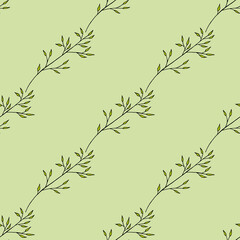 Seamless pattern with creative branches on light green background. Vector image.