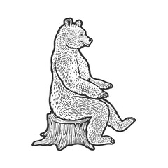 Bear sits on tree stump sketch raster illustration