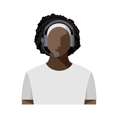 The operator is a young African-American woman on the net, wearing headphones with a microphone, in a headset. Call center concept or support service, blogger, streamer. Colored avatar, vector