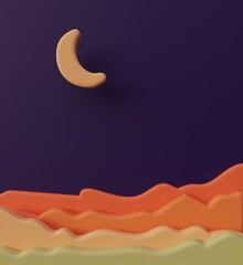 3d mountain view, desert landscape render illustration. Sand, cactus and moon art