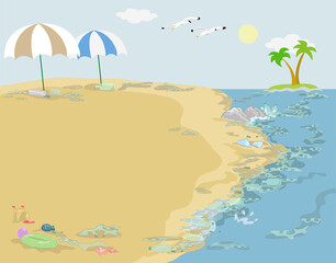 Fototapeta na wymiar Sand beach full of waste and plastic, vector illustration background
