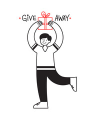 Cartoon man holding gift box in hands. Hand-drawn illustration in doodle style. Giveaway concept for social media, stories, card, or web. Prize offer announcement with minimalist male character. 