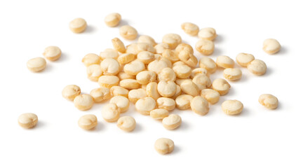 A small pile of raw white quinoa isolated on white background